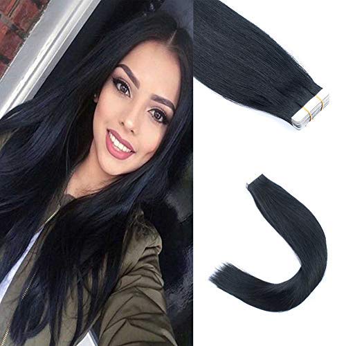 Lovrio 20" 20pcs 50g Tape in Hair Extensions Seamless Skin Weft Color Jet Black Glue in Hair Extensions