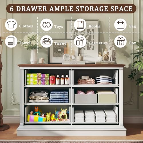 Image of HUAHUU Farmhouse 6 Drawer Dresser for Bedroom, 47 inch Wide Chest of Drawers with Roman Column, White Wood Dresser with Antique Bronze Circle Handles, Storage Organizer for Living Room, Hallway, Entryway