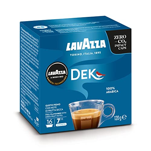 Lavazza A Modo Mio Dek Cremoso, 1 Paquete de 16 Cápsulas de Café, Descafeinado Espresso, 100 % Arábica, Sabor Completo y Equilibrado, Intensidad 7/10, Tostado Medio