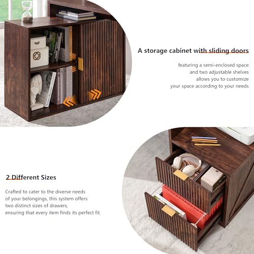 Image of 67 inch Modern Desk with Storage Cabinet & 2 Drawers, Built‑in Outlet | L Shaped Desk with Storage, Wood Home Office Desk, storage cabinet with sliding doors, Dark Walnut