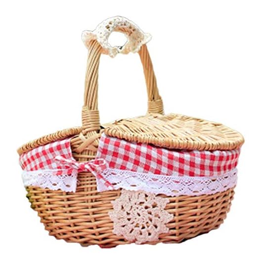 Fablcrew natur vävkorg med lock och varm, flätad korg oval shoppingväska förvaringskorg picknickkorg
