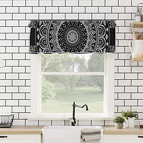 Boho Mandala Valance Curtain For Kitchen Windows,Black White Flower Rod Pocket Valances,Short Curtains Classic Hippie Privacy Panel,Bohemian Window Treatment For Bathroom Kitchen Bedroom 54X18In #TOP3