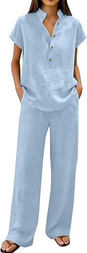 Summer Sets Linen For Women 2 Piece Two Lounge Sets For Women Henley Neck Button