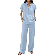 Lounge sets for women, Henley Neck Button Short Sleeve Shirt and Wide Leg Trousers, Casual Linen 2 Piece Sets