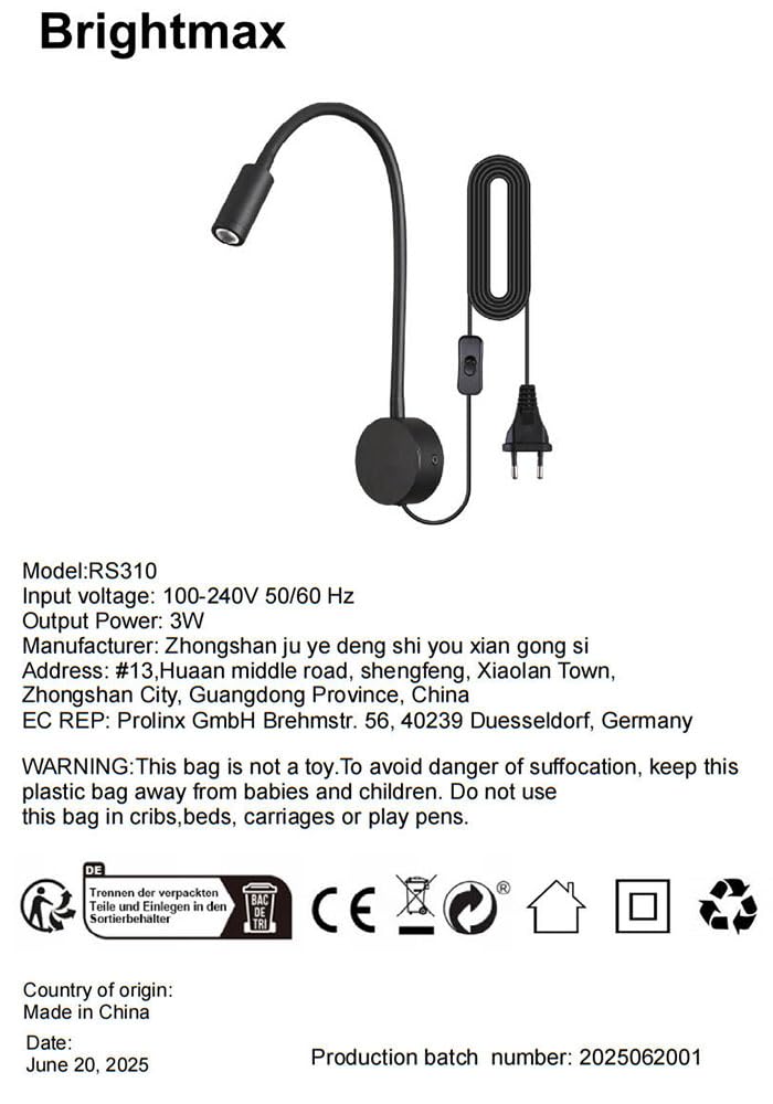 Wall Mounted Reading Light LED 3W Warm White 3000K Plug Cord Black Finished