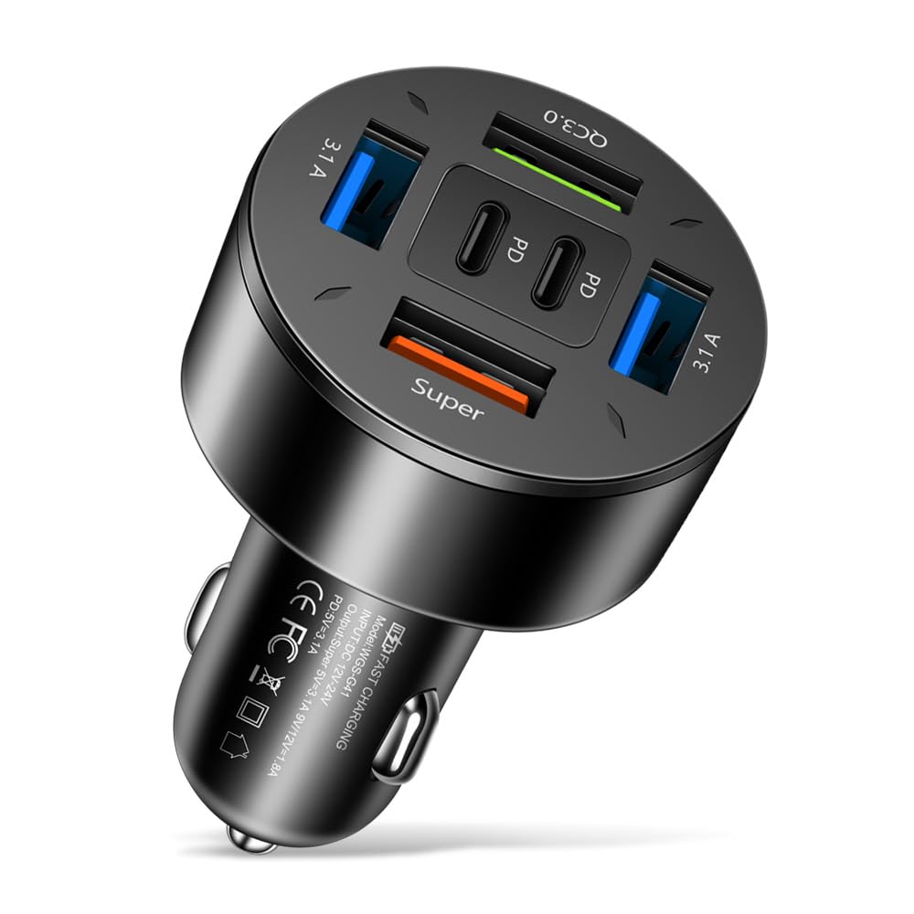 66W Multi-Port USB C Car Charger, PD&QC3.0 Super Fast Charger Cigarette Lighter Plug Adapter for iPhone/Android/Samsung/iPad Pro and More