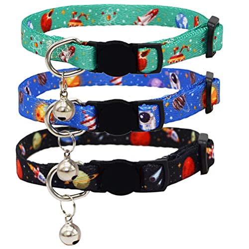 Covoroza 3 Pack Galaxy Breakaway Cat Collar with Bell Space Pattern Adjustable Safe Release Kitten Collars Black Blue…