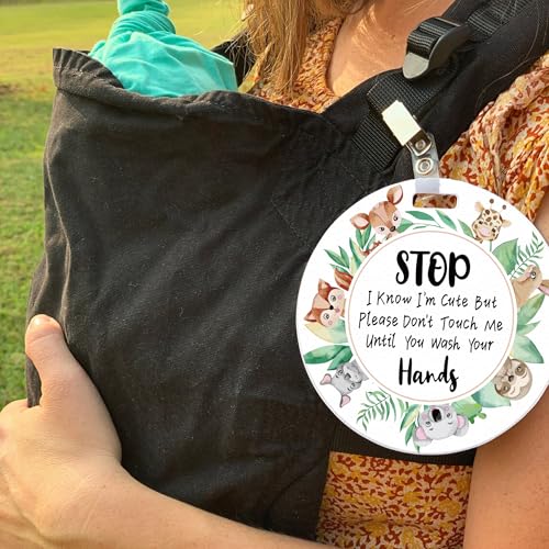 Image of 2 Pack Animals Do Not Touch Signs Stroller Tag Greenery No Touching Car Seat Signs Watercolour Stop Touching Safety Sign Wash Your Hands Carseat Tags for Carriage Stroller Backpacks