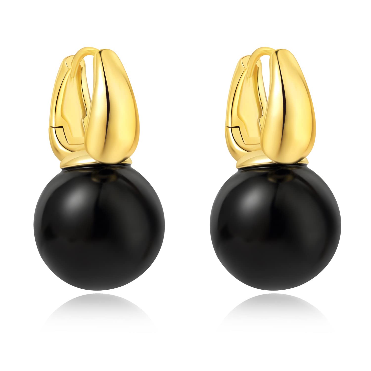 VIENNOIS10-15MM Round Ball Black Glass Bead Stud Earrings in 14k Gold Plated, Christmas Jewelry Dangle Earrings for Women Teen Girls