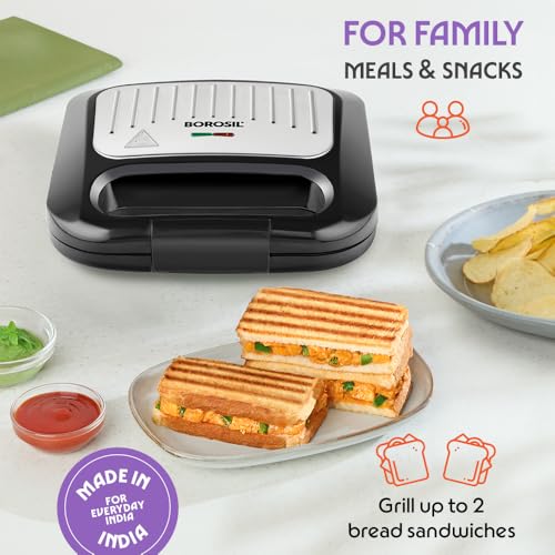 Image of Borosil Grill Sandwich Maker | Can Make 2 Large Sandwich | Made in India, BIS Approved | Nonstick Coated Plates, Even Grilling | Cool Touch Handle | Indicator Light | 2 Years Warranty (Grill Mate)