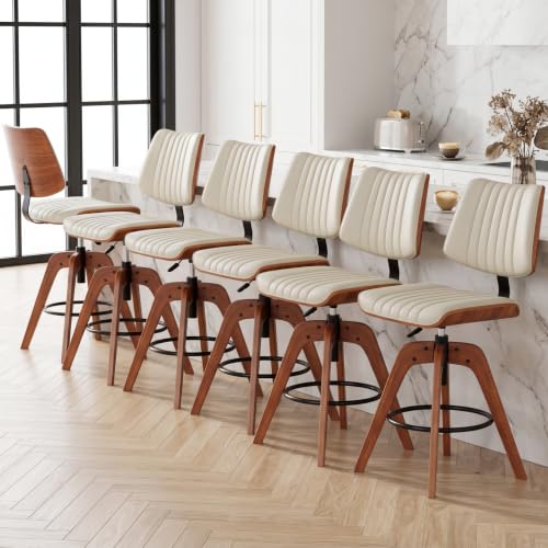 Image of Counter Height Bar Stools, Mid Century Modern Counter Height Stools | Set of 6 Mid Century Counter Stools, Swivel Barstools with Back, Faux Leather Upholstered Bar Chair with Back