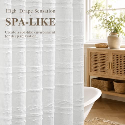 Lameirose Extra Long Farmhouse White Shower Curtain Boho, 72 x 78 Cotton Blend Tufted Weave Waffle Stripe Textured Heavy Duty, Fabric Shower Curtain for Bathroom, Hotel by Lameirose - Used condition - Image 3