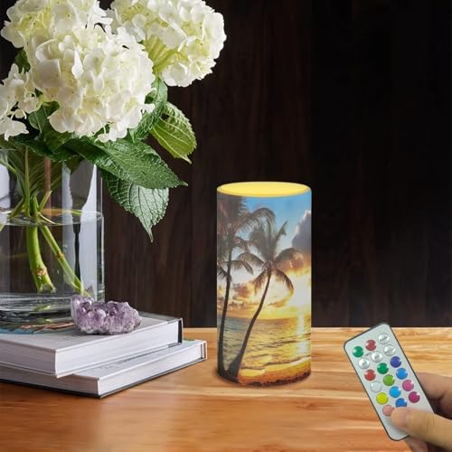 Image of Poceacles Flameless Candle Flame Effect Realistic LED Lights, Battery Operated Flameless Table Lamp with Timer Remote Colors Changing Hawaii Home Decor, Hawaiian Palm Tree Gold Sunshine