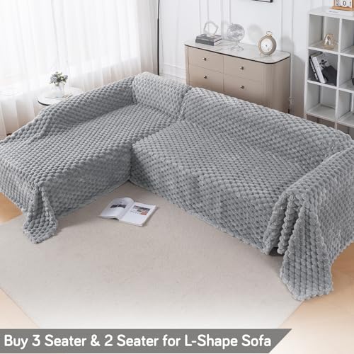 Image of HOKIPO Luxury Premium Rabbit Wool Plush Fluffy Sofa Cover, Sofa Throw for 2 Seater Sofa, 180(D) x 250(L) cm, 'BunnySoft Series' Moon Grey (AR-5074-GRY)