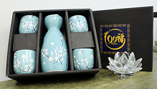 Blue Winter Flower Japanese flower Porcelain Sake Set with 4 Cups 1 Decanter Bottle Carafe