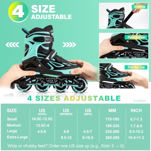 2PM SPORTS Vinal Girls Adjustable Flashing Inline Skates, All Wheels Light Up, Fun Illuminating Skates for Kids Men Adult Women and Boys (F Green, Medium - Big Kid (1-4 US)) by 2PM SPORTS - Used condition - Image 3