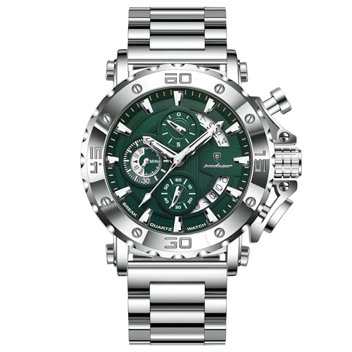 Poedagar Luxury Watch for Men Calendar Luminous Waterproof Business Man Clock Male Chronograph Stainless Steel Men's Quartz Watches (Silver Green)