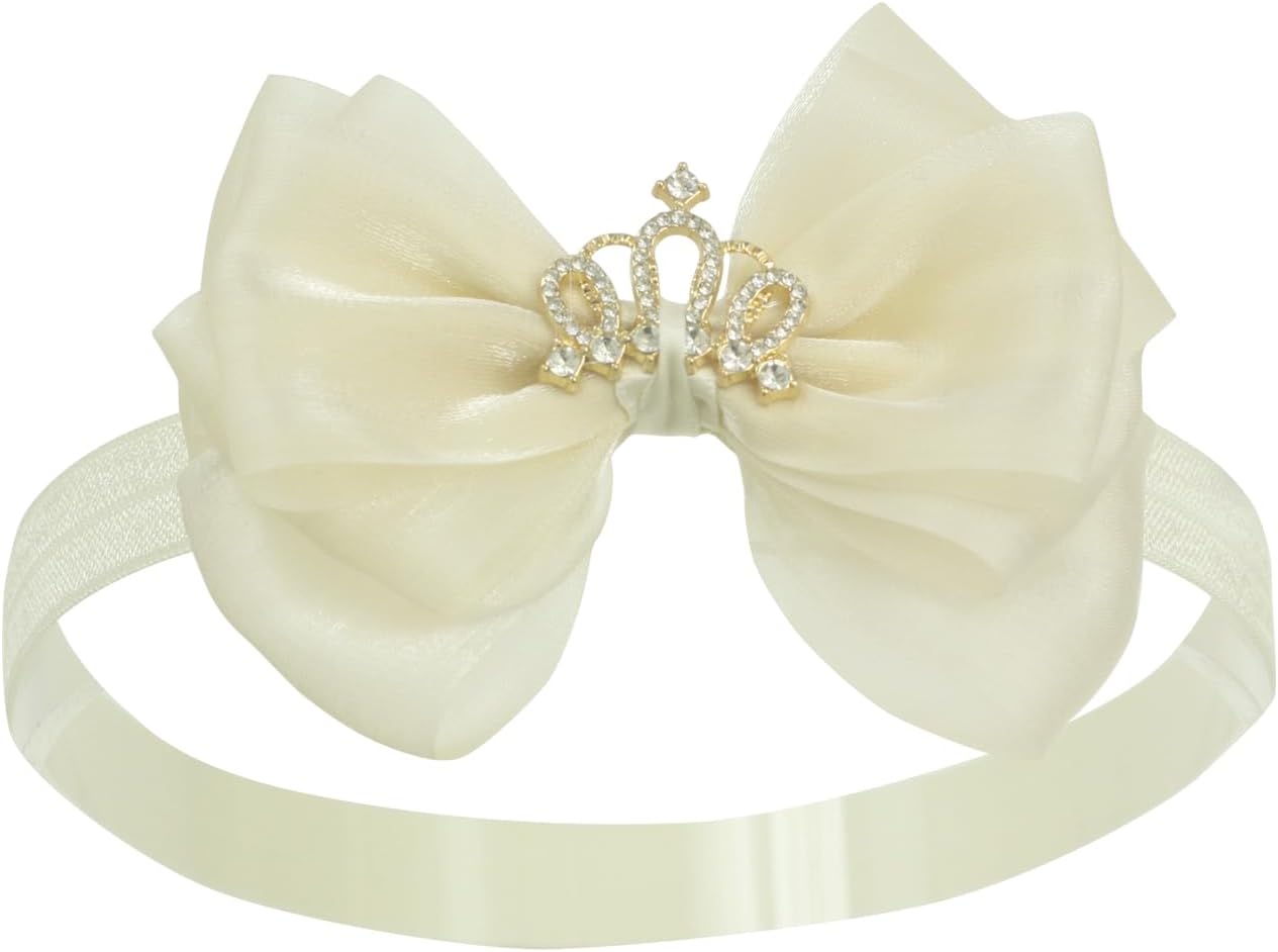 Nihao BabySparkly Gold Rhinestone Crown Embellishments Bow Headband for Little Girls Birthday Wedding Gift (2 Year old-Teen,Ivory headband-3)