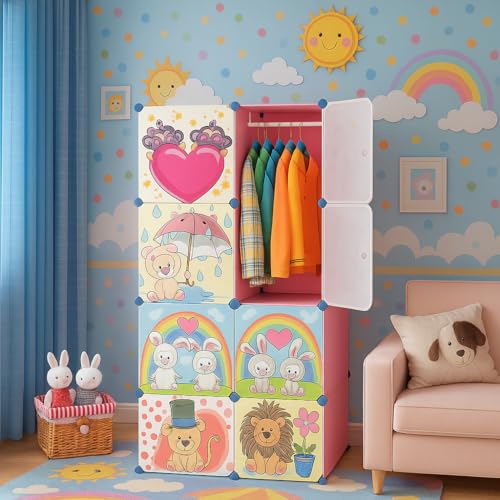 Image of LUHI Plastic Wardrobe for Kids Clothes - Easy to Use Anti-Skid & Non-Slip Effective Professional, Plastic Cupboard for Kids, Foldable Almirah, Collapsible Wardrobe (Pink HH, 8-Shelf-8-Door)