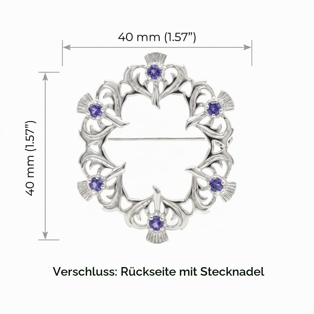 Alexander Castle Damenbrosche mit schottischer Distel aus 925er Sterlingsilber mit echtem Amethyst und Schmuckschatulle – Schottisches Geschenk für Frauen