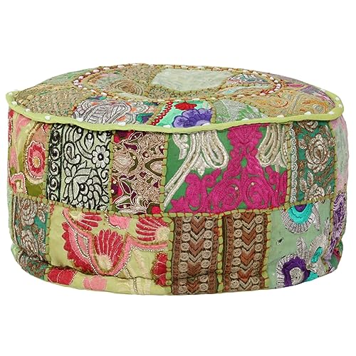 Pouf rond en coton fait main 40x20 cm vintage vert brodé d'exception - 5