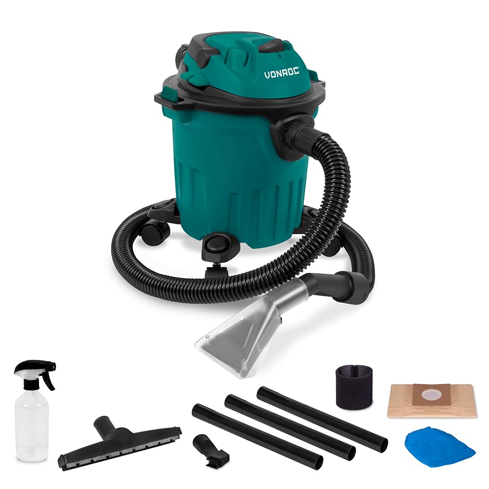 VONROC Aspirador Quitamanchas 3 en 1 - Limpieza de tejidos, aspiración seca/húmeda, soplado - Compacto, 1000 W, tanque 12L, accesorios incluidos, ideal para coches, escaleras y muebles
