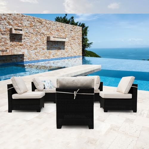 Ophelian MLY 07-BROWN-BEIGE 7 Pieces Outdoor Sectional Rattan Wicker Patio Furniture Set Conversation Sets thumb #7