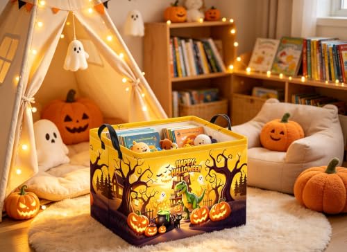 Image of Rectangular Halloween Basket for Boys and Girls Kids Trick or Treat Pumpkin Basket for Halloween Parties Cute Storage Bin Organizer Box Room Decor(Halloween Dinosaur)
