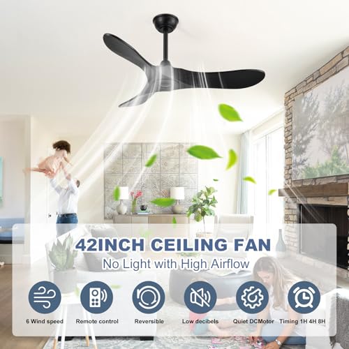 Image of 42'' Ceiling Fan no Light,Outdoor Ceiling Fan with Remote Control,3 Solid Wood Blades with Large Airflow for Bedroom,Living Room,Garage(black)