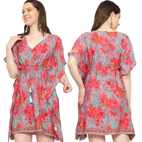 Image of KE KANHA EXPORTS Kaftan Dress|kafthan Dress for Women|Kaftan Kurti for Women|Beach wear Dress for Women|Boho Beach|Border Print Drawstring Tassel|Printed|Easily fits M to XXL|Bust32-42in Length36in
