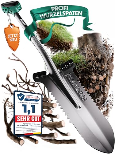 RASENKÖNIG Spaten mit Wurzelsäge Pro [Massivstahl] Wurzelspaten für die Gartenarbeit | mit 20 Sägezähnen, ergonomischem Griff & breiter Trittkante | Stabiler Gartenspaten für leichteres Graben