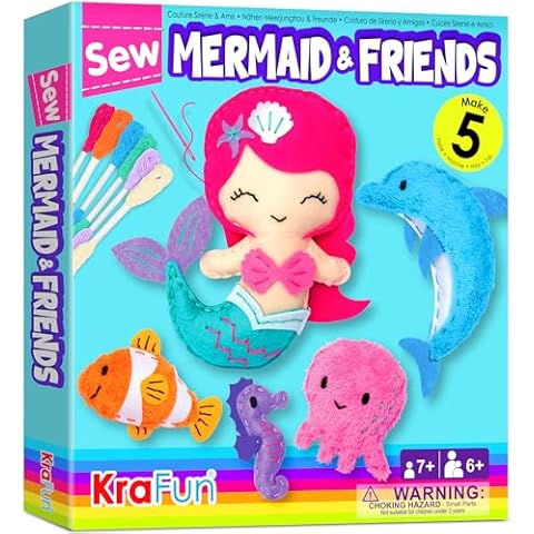 KRAFUN Mermaid Sea Animals Beginner Sewing Kit for Kids Art & Craft kit, Includes 5 Soft Plush Dolls, Instructions & Felt Materials for Learn to Sew, Embroidery Skills, Gift for Girls Educational Cover
