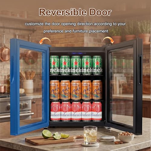 Image of Mini Fridge 50 Can, Small Beverage Refrigerator with Reversible Glass Door, Countertop Drink Cooler with Temperature Control, Compact Beer Soda Fridge for Office Dorm Kitchen, Black