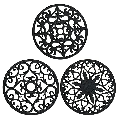 Trivets for Hot Dishes Silicone Trivets Hot Pads for Hot Pots and Pans Carved Silicone Trivet Mat for Kitchen Multi Purpose Heat Resistant Mat Round Silicone Plate Mats Set 3 Black