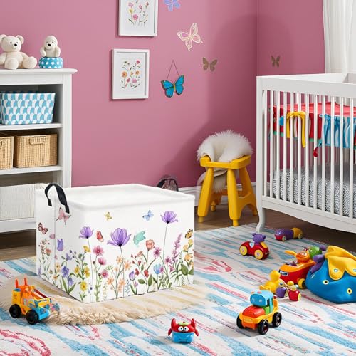 Image of Rectangular Baby Girl Basket Kids Baby Storage Basket Toy Storage Bin Organizer Box Room Decor(Purple Flower)