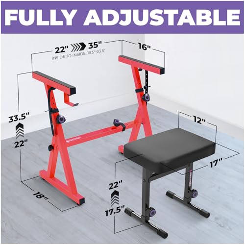 Image of Liquid Stands Portable Heavy Duty Digital Piano Stand & Bench Set - Adjustable Keyboard Music Stand & Seat for 54-88 Key Electric Pianos (Red)