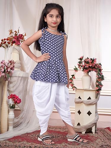 Image of Girls Ethnic Printed Peplum Top and White Dhoti Pant Set | Stylish Sleeveless Kurti with Comfortable Bottom | Traditional Festive Outfit for Kids