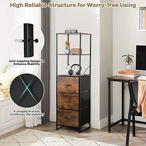 COSTWAY 2/3-Drawer Dresser, Fabric Chest of Drawers with Wooden Top and Front, Metal Frame Storage Cabinet Tower Organizer Unit for Bedroom Living Room Hallway (3 Drawers+3-Tier Tall Shelf, Brown)