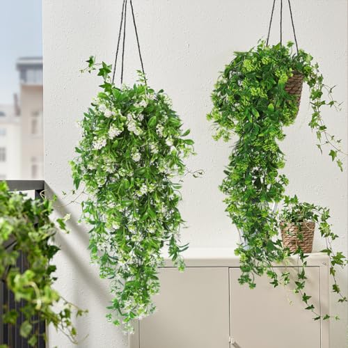 RECUTMS 2Pcs Artificial Hanging Flowers for Outdoors Fake Hanging Plants Artificial Trailing Plastic Plants for Hanging Basket Faux White Flowers Indoor Home Garden Wedding Party Decorations(White) - Image 4