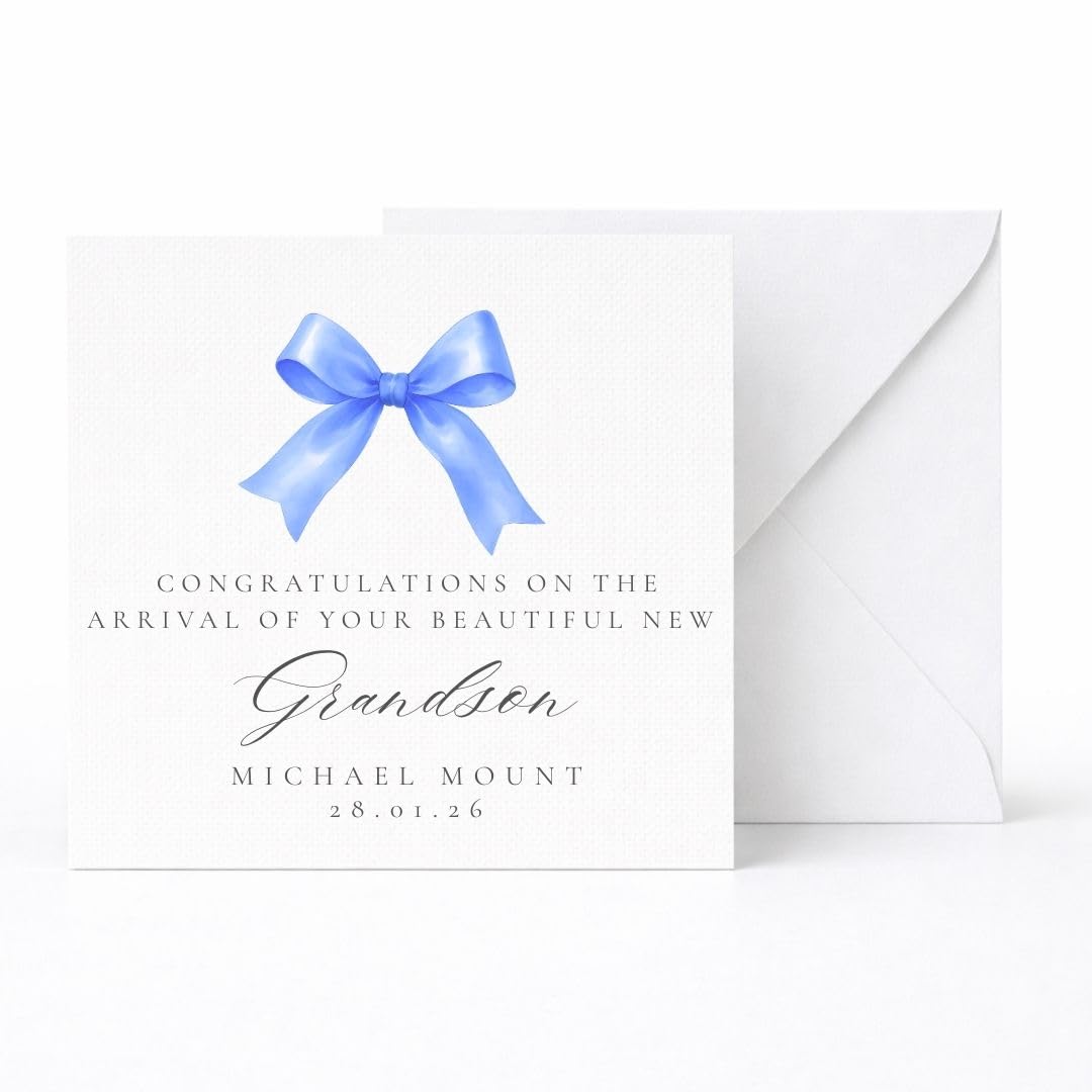 Personalised New Grandson Card with Name and Date, Baby Boy Congratulations Card with Blue Ribbon Design, Handmade New Baby Keepsake Gift