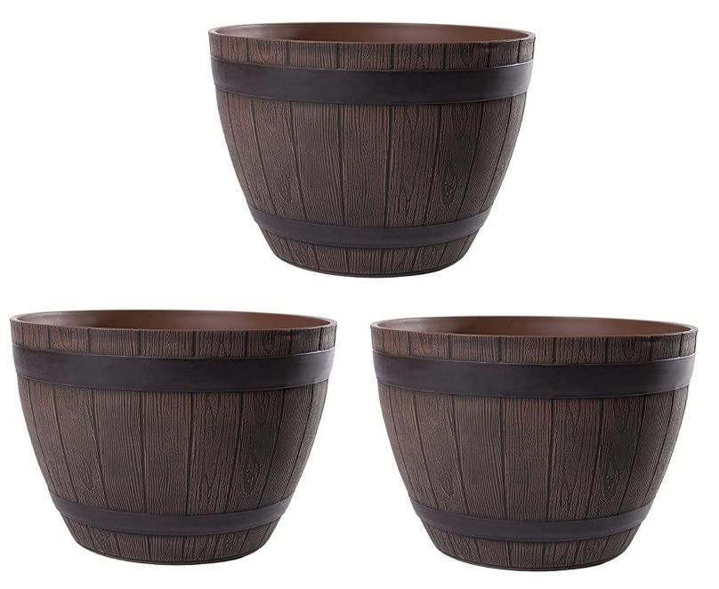 Jinfa 3er-Set Pflanzkübel aus Kunststoff in Weinfass Optik Dunkelbraun bottich Miniteich | Farbe: Kastanie | Design: Weinfass | Ø 38 cm