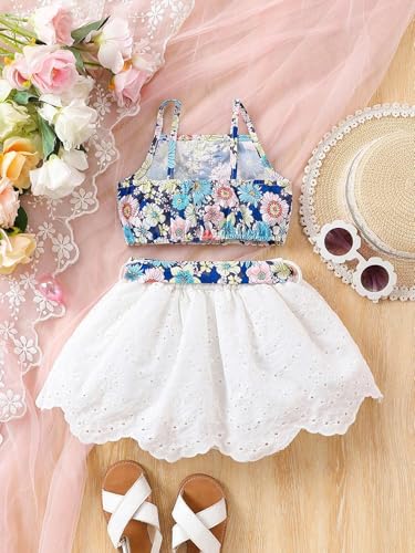 Image of TAGAS Girls Girls Floral Crop Top and White Lace Skirt Set - Summer Sleeveless 2-Piece Outfit with Bow Belt - Casual Party Dress for Kids