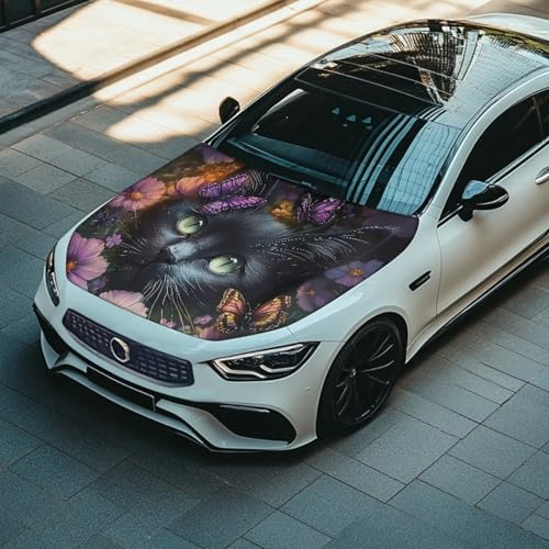 Image of Car Hood Cover Protector,Dust-Proof Soft Comfortable Print Hood Covers for Cars,Universal Accessories for Decoration Black Cat Butterfly Pattern Design