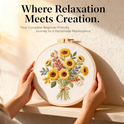 Image of Sunflower Embroidery Kit for Beginners - All in One DIY Cross Stitch Starter with Hoop, Pre-Printed Fabric, Embroidery Threads, Needles,Perfect Craft Gift for & Home Decor