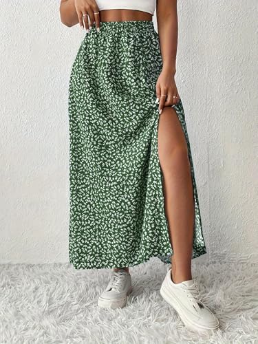 Falda floral para mujer, estilo bohemio, con abertura en el muslo, cintura alta, casual, verano, fin de semana, vacaciones, fiesta, Verde, Large