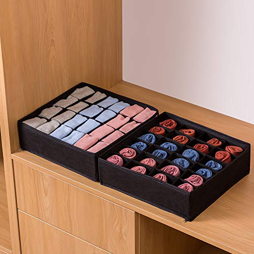 Qozary 2 Pack Sock Underwear Organizer, Non-Woven Fabric 24 Cell Drawer Organizer Divider, Collapsible Closet Cabinet Storage Boxes for Storing Socks, Lingerie, Underwear, Clothes (Black)