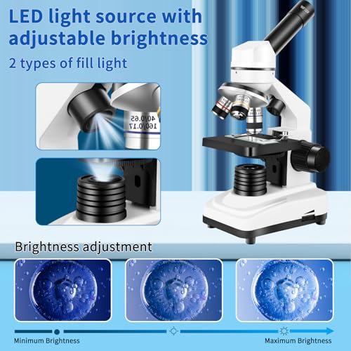 Herwicm Microscópio para adultos Microscópio composto de 40 x 2000 x, iluminação LED dupla para esco