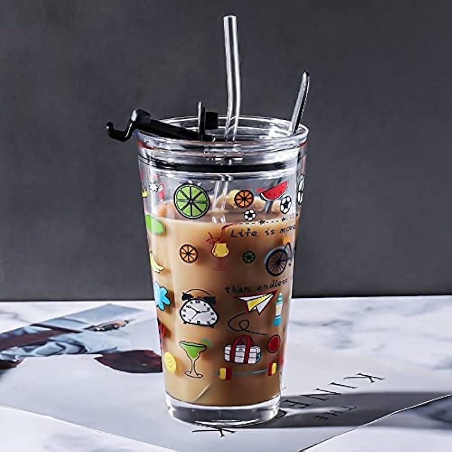 VEDHROM Glass Tumbler with Lid and Silicone Straw Coffee Sipper Mug Glass Drinking Mason for Iced Tea, Juice, Cocktail, Cold & Hot (Printed) (B0CKZD95T3) Amazon Price History, Amazon Price Tracker