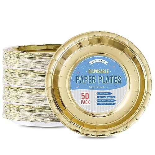 Tyzarglef Disposable Paper Plates Gold 50 Count 9 Dinner Plates Bulk for Party Supplies Colored and Sturdy Party Plates for Birthday Wedding Baby shower Bridal party supplies