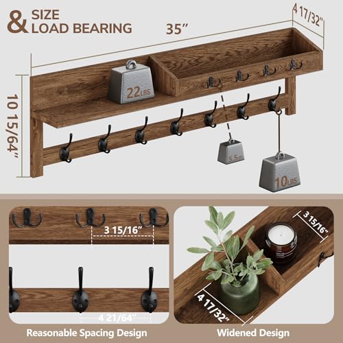 Image of AMBIRD Coat Rack Wall Mount, 35 inch Large Wall Hooks with Shelf, Entryway Shelf with 7 Dual Coat Hooks 4 Key Hooks Mail Organizer, Wooden Coat Hanger and Key Holder Wall Mount